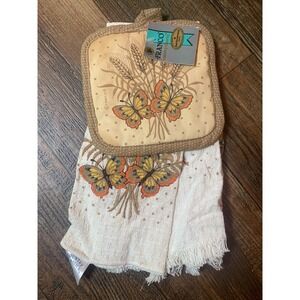 Vintage  Franco kitchen Towel Ovenmitt Set Wheat Butterflies Country Classics